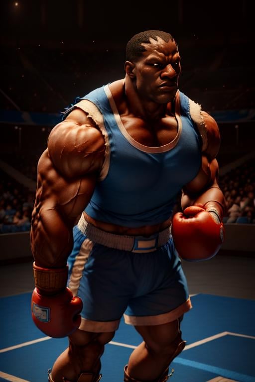 (best quality, masterpiece, ultra detailed:1), SFBalrog, opened eyes, muscular, boxing gloves, serious, closed mouth, sweaty,  fighting pose, solo (blue sleeveless t-shirt:1.2), (blue shorts:1.2), boots,  <lora:SFBalrog-000003:1>  sports arena, ripped shirt