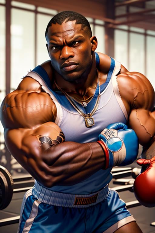 (best quality, masterpiece, ultra detailed:1.2), SFBalrog, blue shorts, blue sleevelesa shirt, necklace, boxing gloves, flexing, gym background <lora:SFBalrog-000003:1>