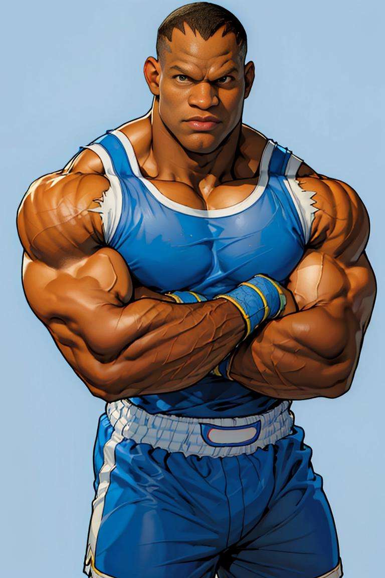 (best quality, masterpiece, ultra detailed:1.2), SFBalrog, boxing gloves, blue sleeveless t-shirt, blue shorts, crossed arms,  detailed eyes, best quality, masterpiece, highres, perfect picture, highly detailed, high contrast , digital colors, bright colors, perfect face, looking to viewer <lora:SFBalrogv2-stasis-000003:1>