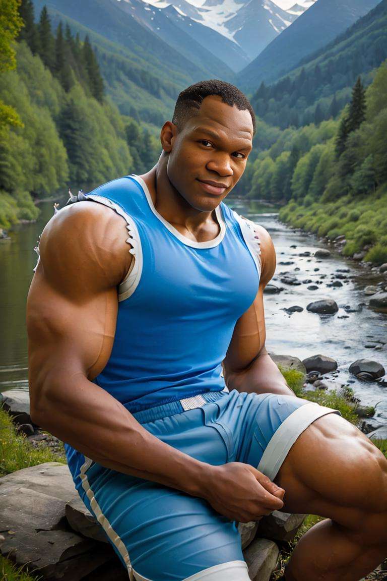 (best quality, masterpiece, ultra detailed:1.2), SFBalrog, sitting, smirk, ((blue sleeveless t-shirt, blue shorts:1.2)), at the mountains, night, camping, river, trees, cabin, detailed eyes, best quality, masterpiece, highres, perfect picture, highly detailed, high contrast , digital colors, bright colors, perfect face, looking to viewer <lora:SFBalrogv2-stasis-000003:1>