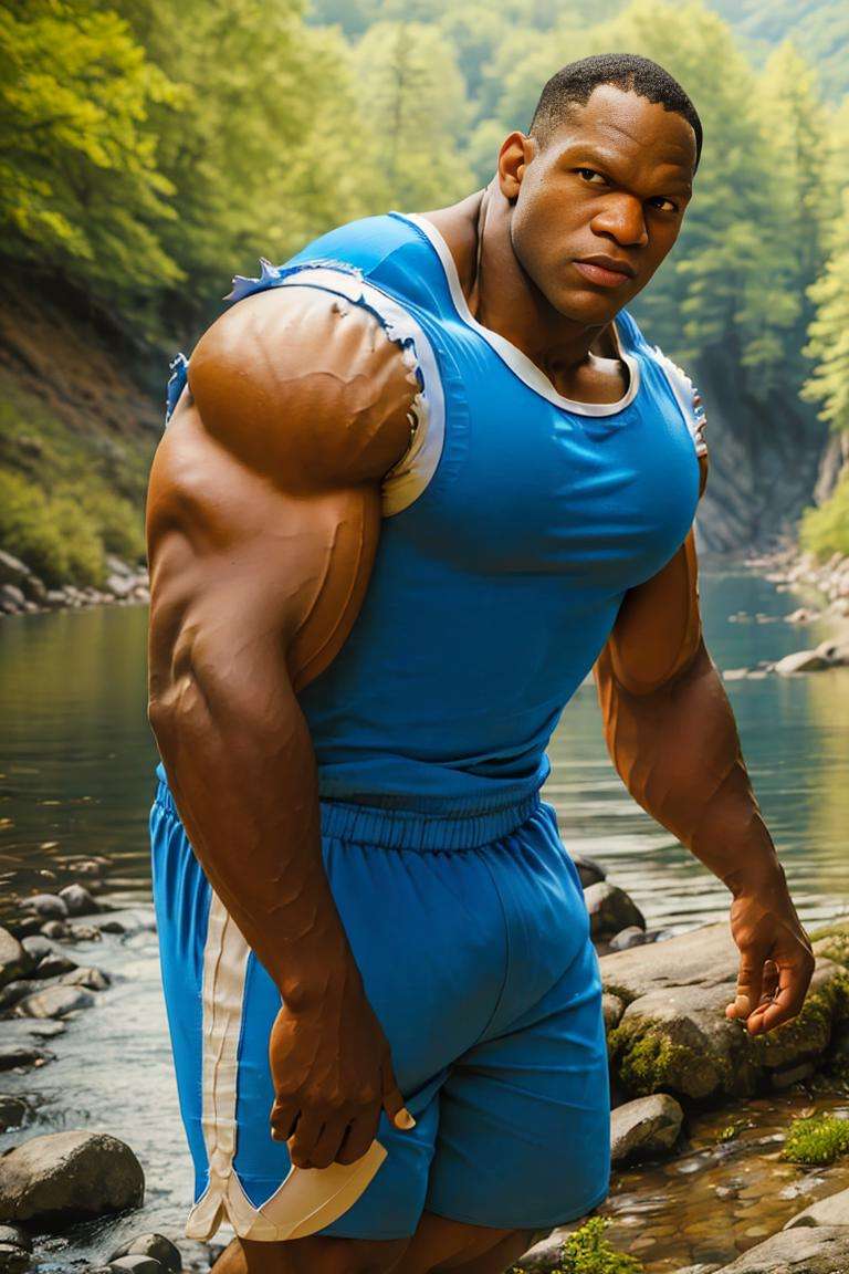 (best quality, masterpiece, ultra detailed:1.2), SFBalrog, flexing, ((blue sleeveless t-shirt, blue shorts:1.2)), at the mountains, river, trees, cabin, detailed eyes, best quality, masterpiece, highres, perfect picture, highly detailed, high contrast , digital colors, bright colors, perfect face, looking to viewer <lora:SFBalrogv2-stasis-000003:1>