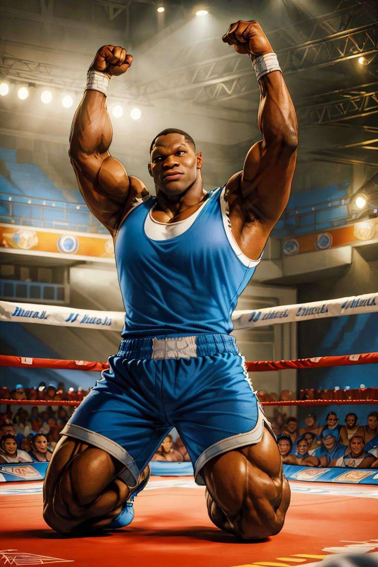 (best quality, masterpiece, ultra detailed:1.2), SFBalrog, ((blue sleeveless t-shirt, blue shorts:1.2)),detailed eyes, kneeling, flexing , arms up, celebrating, best quality, masterpiece, highres, perfect picture, highly detailed, high contrast , digital colors, bright colors, perfect face, looking to viewer <lora:SFBalrogv2-stasis-000003:1> hdr, Balrog, muscular, boxing gloves, boots,  boxing ring,  crowded ambiance, bright lighting, colorful,