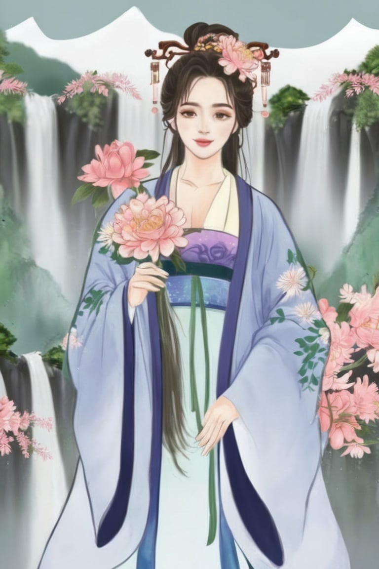  1girl, wavy hair, looking at viewer,holding a flower,upper body, floral print,ponytail, scenery,mountain waterfall, hanfu, chinese_painting