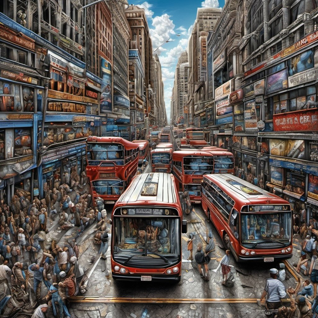 art by Cameron Gray "Buses On The Street" ultra highly detailed, detailed digital painting, highly detailed, intricate detail, clarity, high quality, 32K