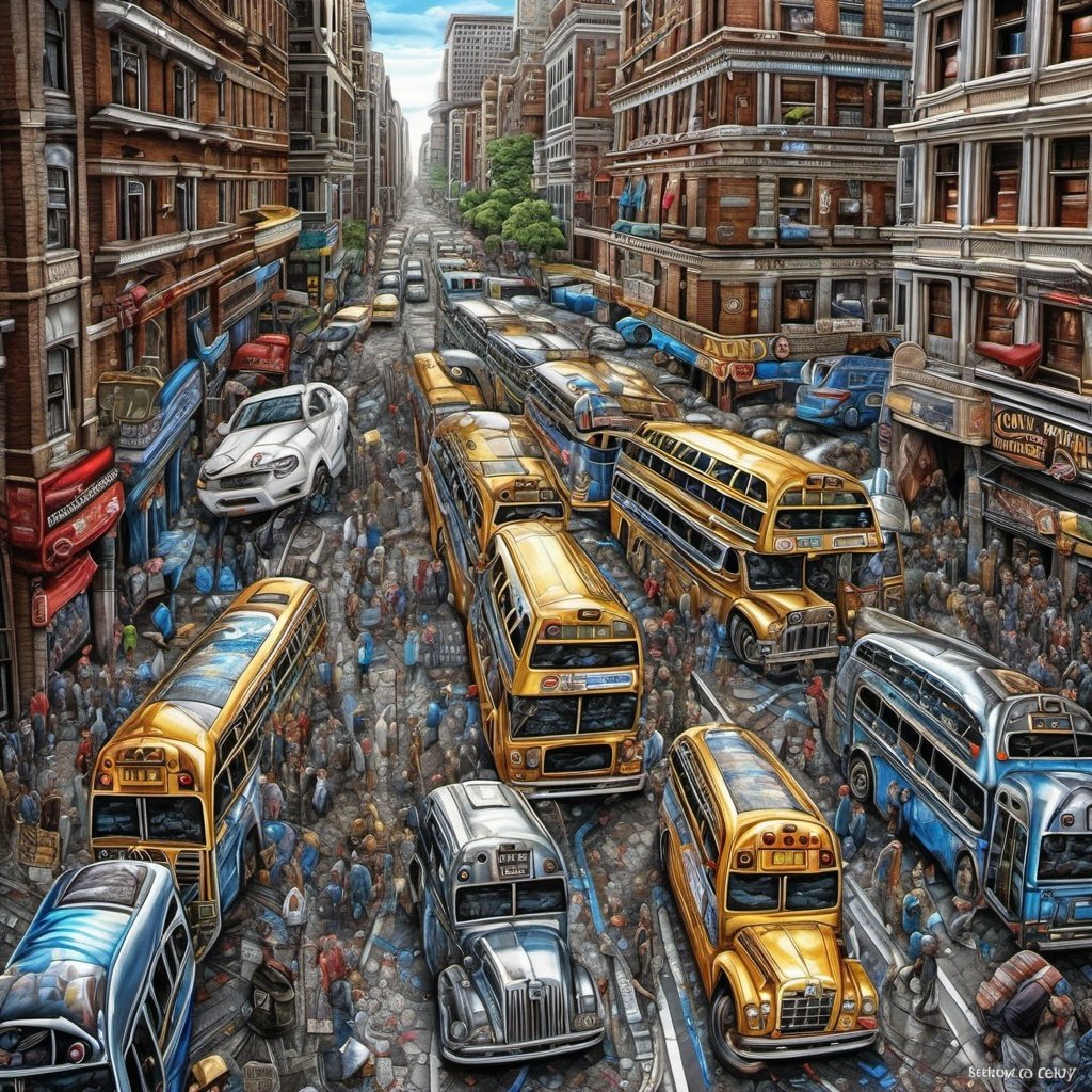 art by Cameron Gray "Buses On The Street" ultra highly detailed, detailed digital painting, highly detailed, intricate detail, clarity, high quality, 32K