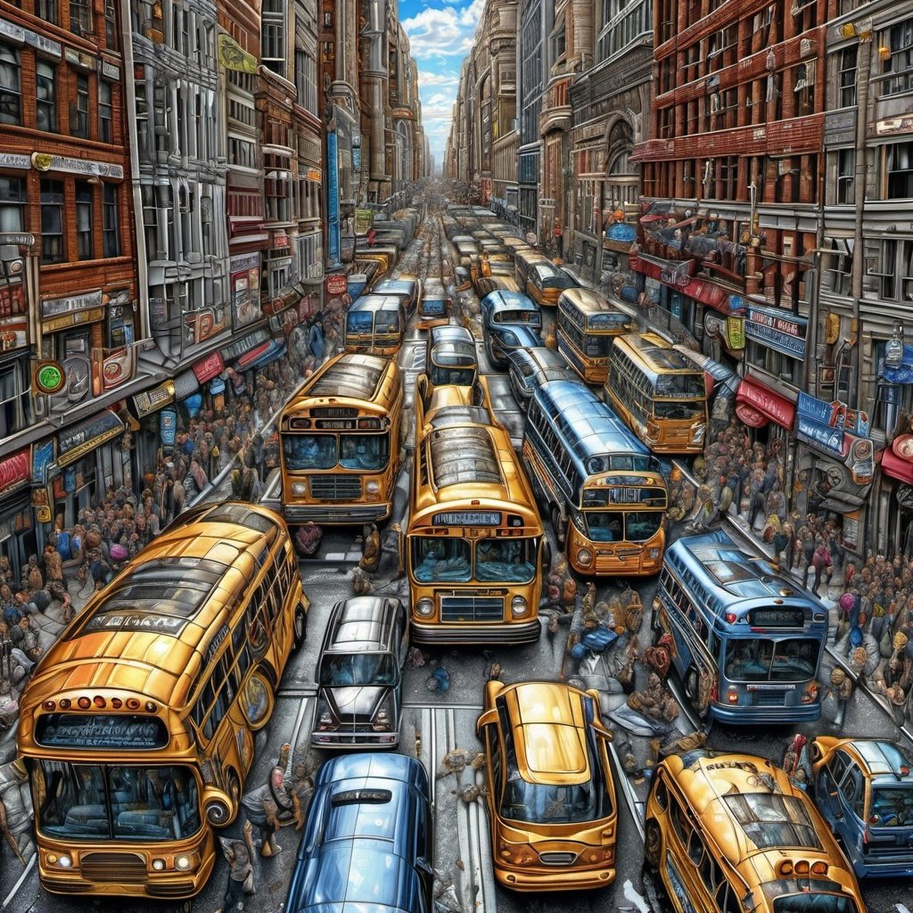 art by Cameron Gray "Buses On The Street" ultra highly detailed, detailed digital painting, highly detailed, intricate detail, clarity, high quality, 32K