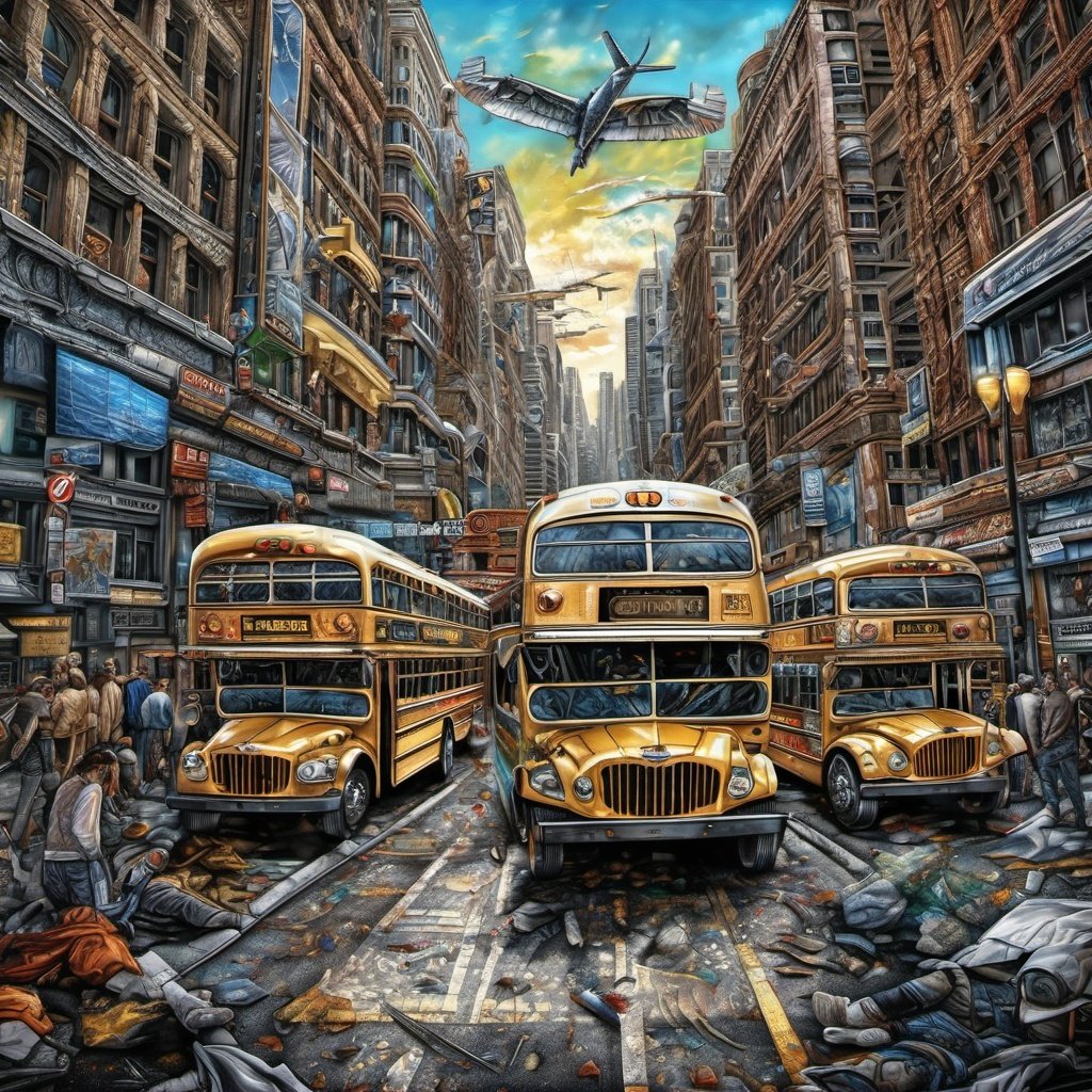 art by Cameron Gray "Buses On The Street" ultra highly detailed, detailed digital painting, highly detailed, intricate detail, clarity, high quality, 32K