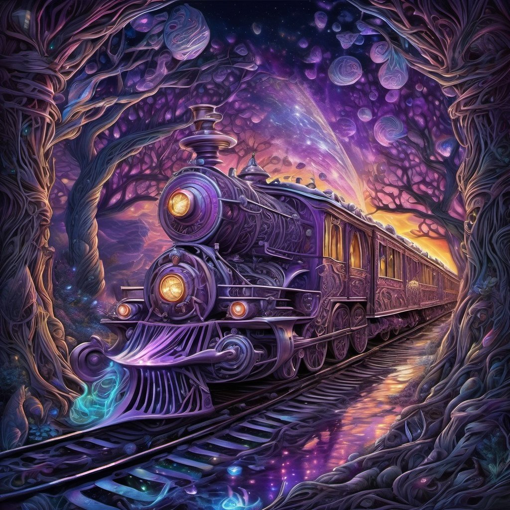 Art by  Dan Mumford
Josephine Wall
"imagine a bioluminescent purple glowing the cheshire cat as a train in ethereal enchanted wonderland, soft lighting, sharp focus,  paint drops, rough edges, trending on artstation, studio photo, intricate details, highly detailed"
luminism, ultra  highly detailed, 32 k, 
Fantastic Realism complex background, dynamic lighting, lights, digital painting, intricated pose, highly detailed intricated, Broken Glass effect, no background, stunning, something that even doesn't exist, mythical being, energy, molecular, textures, iridescent and luminescent scales, breathtaking beauty, pure perfection, divine presence, unforgettable, impressive, breathtaking beauty, Volumetric light, auras, rays, vivid colors reflects



















