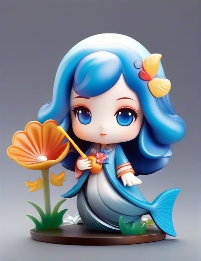 1girl, 3d figure, blue eyes, blue hair, chibi, fish, flower, grey background, jewelry, long hair, looking at viewer, monster girl, shell, solo <lora:sdxl_3dfigure-000002:0.65>