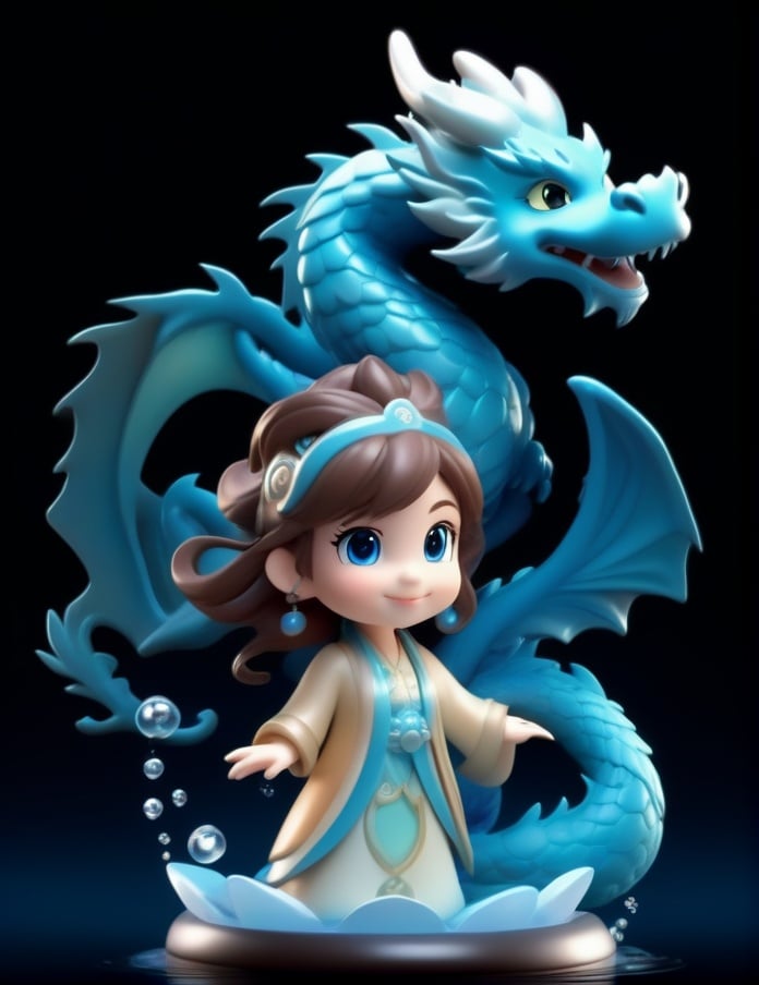 1girl, 3d figure, black background, blue eyes, brown hair, bubble, dragon, earrings, eastern dragon, full body, glowing, jewelry, long sleeves, looking at viewer, smile, solo, standing, water <lora:sdxl_3dfigure-000001:0.65>