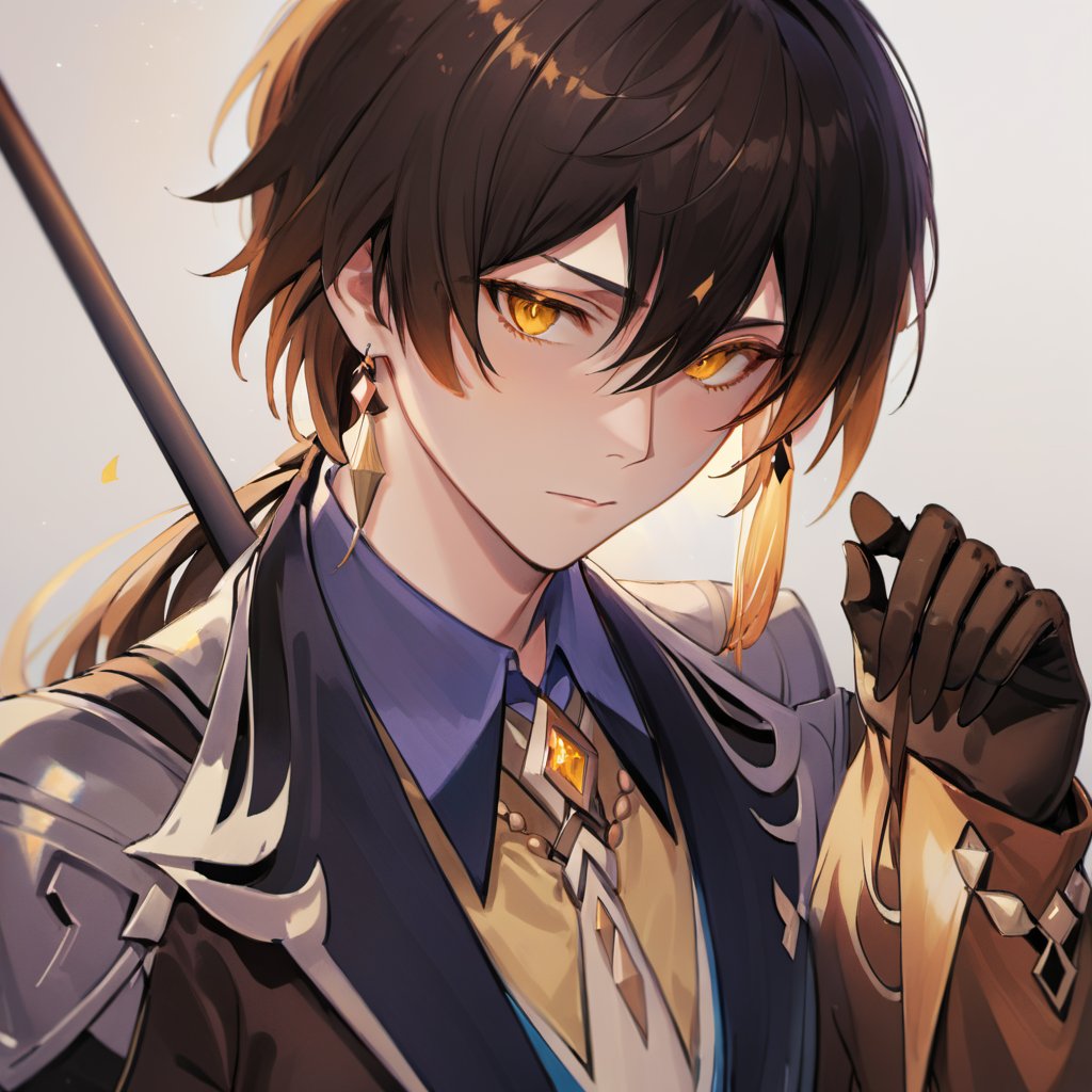  1boy, male focus, solo, zhongli (genshin impact) long hair, brown hair, jewelry, bangs, hair between eyes, polearm, earrings, single earring, multicolored hair, long sleeves, ponytail, gloves, formal, tassel, closed mouth, jacket, yellow eyes, black gloves, necktie, collared shirt, suit, spear, black hair, tassel earrings, shirt, looking at viewer, gradient hair, holding weapon, holding, eyeliner, simple background, makeup