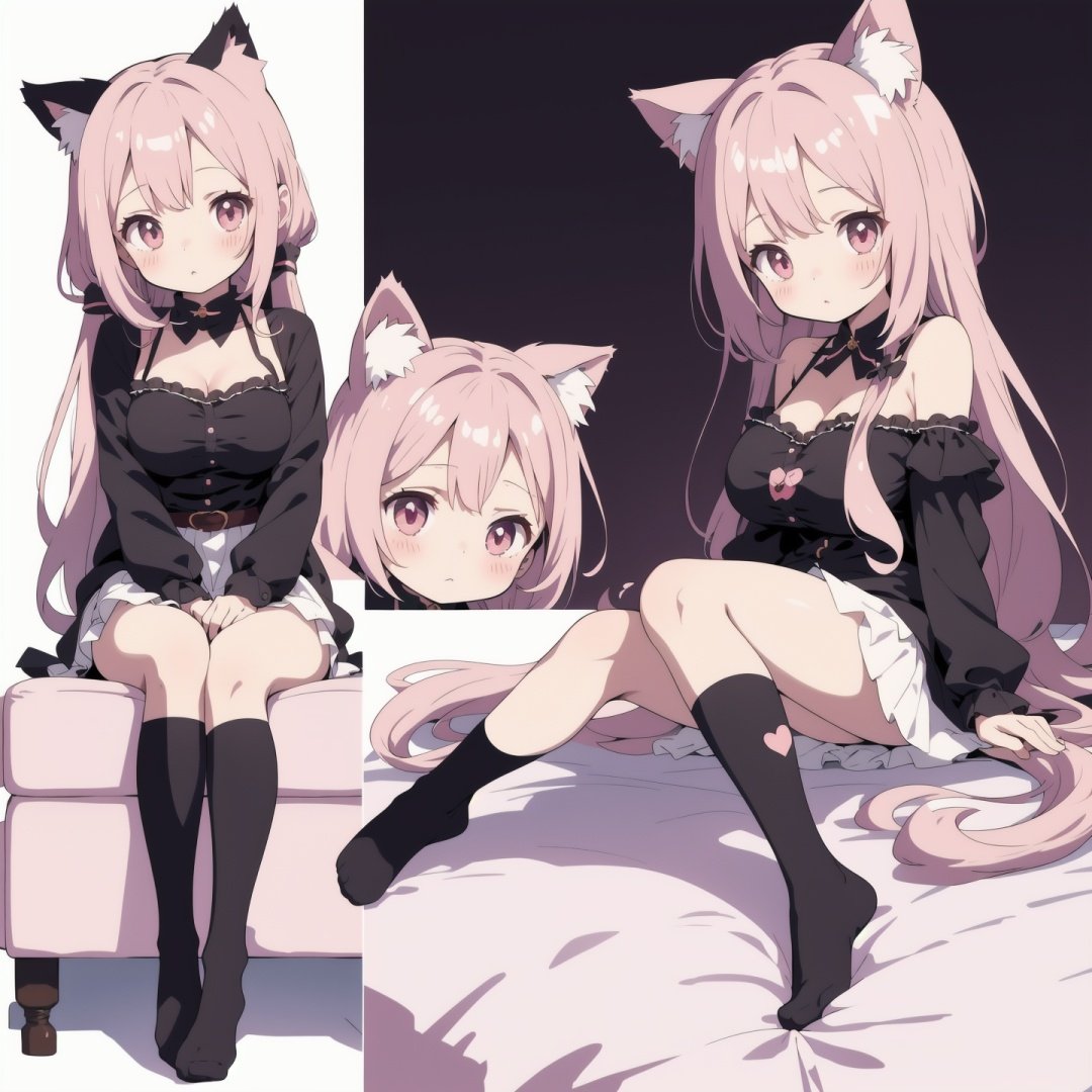 loli,((chibi)) girl,(multiple views),Random hair color,silk stockings, cat ears,huge breast,long hair, shoeless, dynamic angle, capturing scenes,