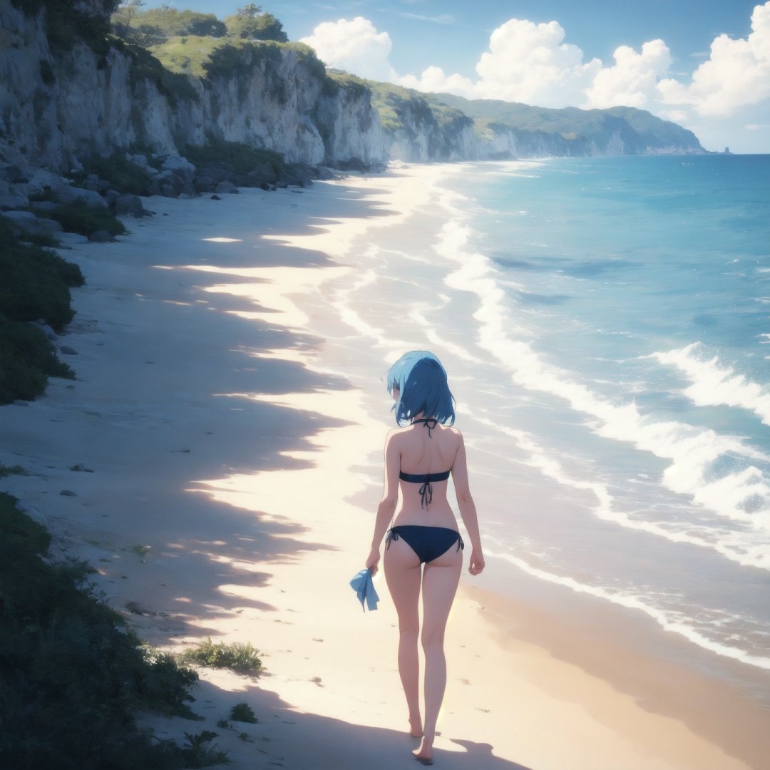 Anime, Illustration, Game CG,1girl,blue hair,Bandeau bikini,close range,Walking on the beach by the sea,game risograph