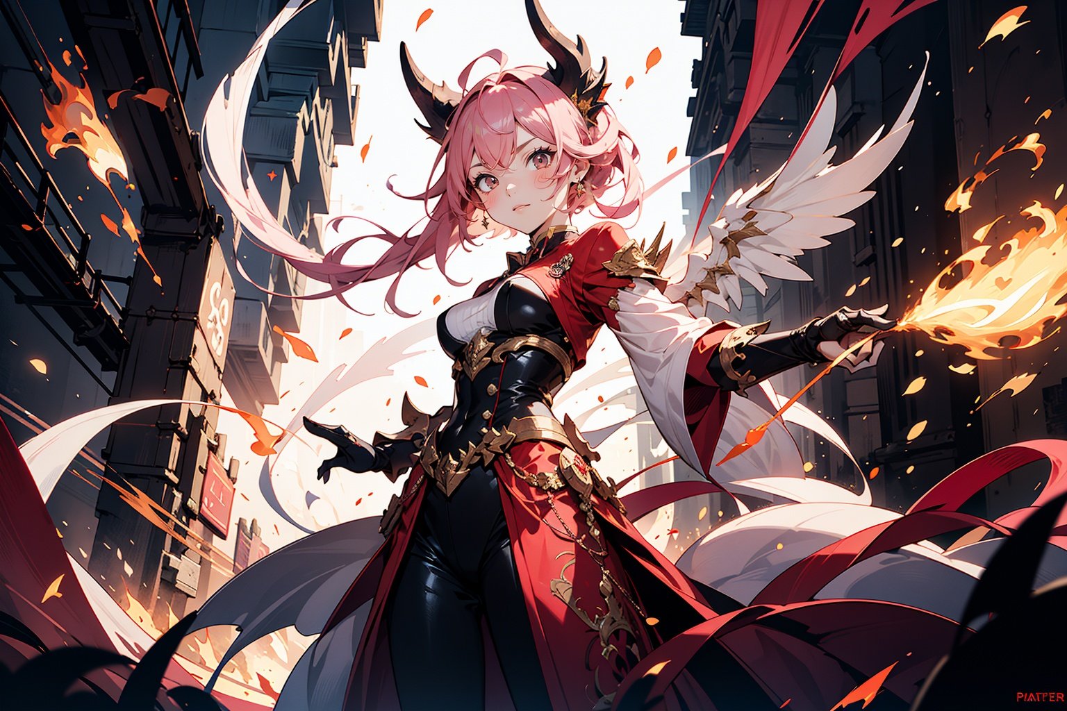 (masterpiece), best quality, 1girl, monster_girl, casting fire magic, red fire, facing a [Dragon|fire], wide shot, intricate details, pink particles swirling, 