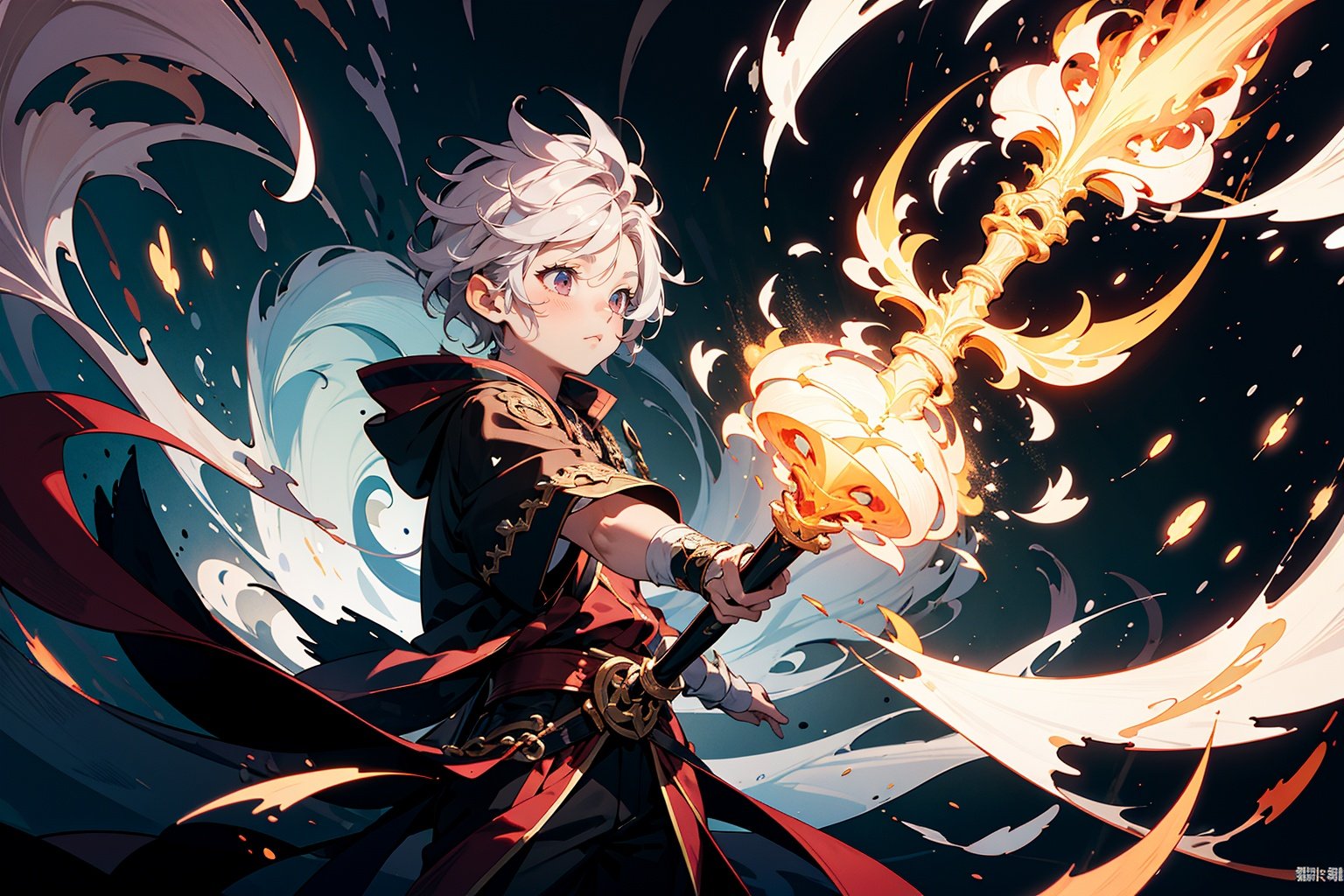 (masterpiece), best quality, 1boy, kid, mage, holdig, magic staff, casting fire magic [Fire | Dragon], wide shot, intricate details, pink particles swirling, 