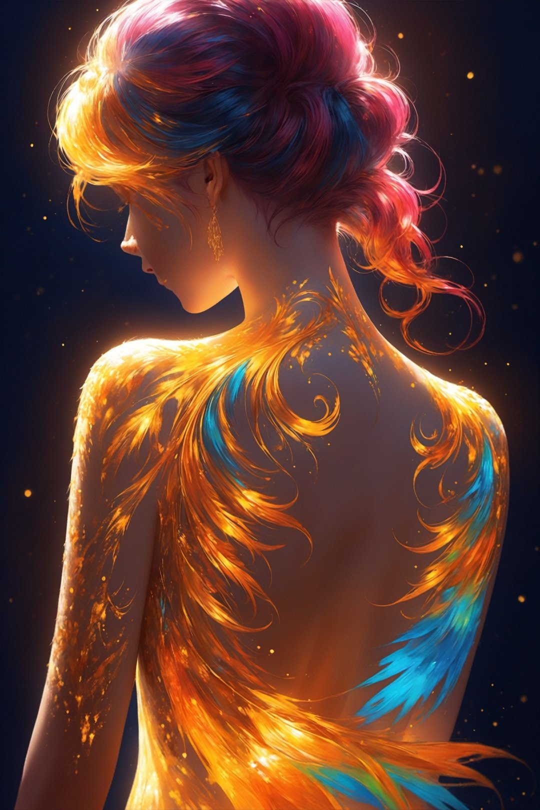 the back of the body,colorful hair,Golden back tattoo,Holy Light,