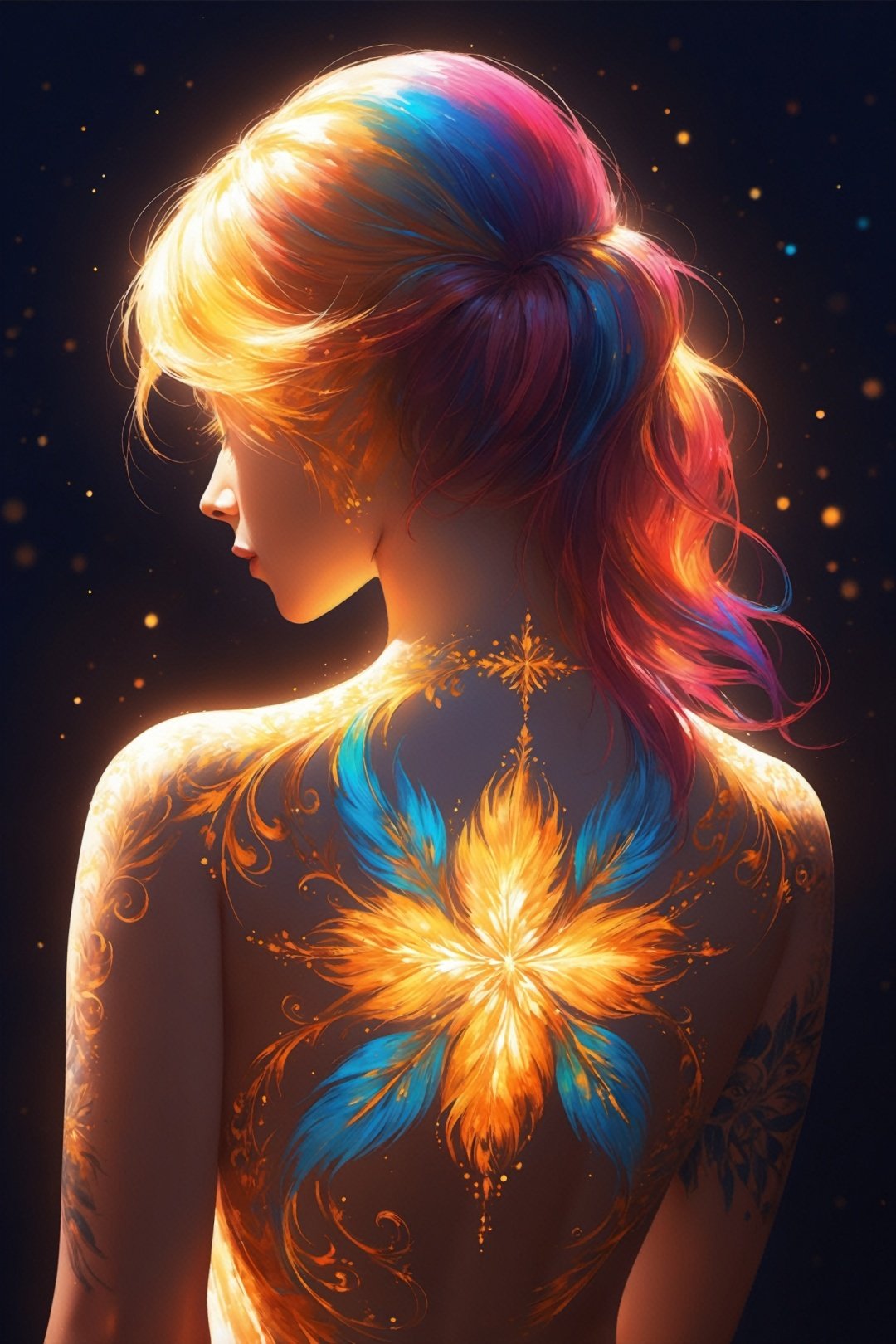 nude,the back of the body,colorful hair,Golden back tattoo,Holy Light,