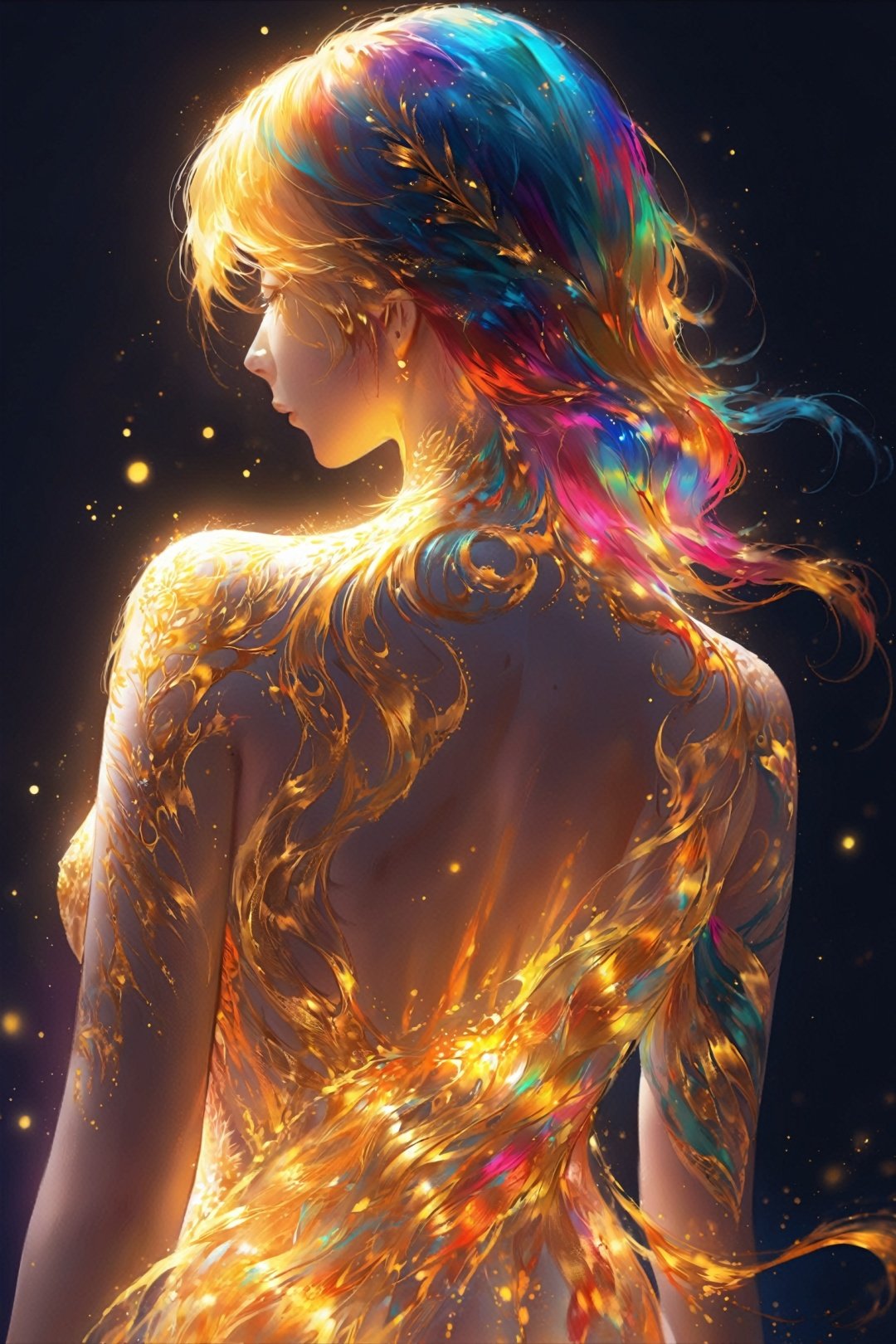 the back of the body,colorful hair,Golden back tattoo,Holy Light,