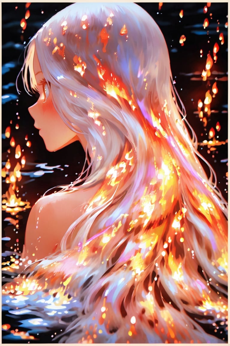 , 1girl, long hair, solo, profile, water, border, upper body, white hair, bare shoulders, fire, wavy hair, white border, from behind, <lora:EMS-30103-EMS:0.8>