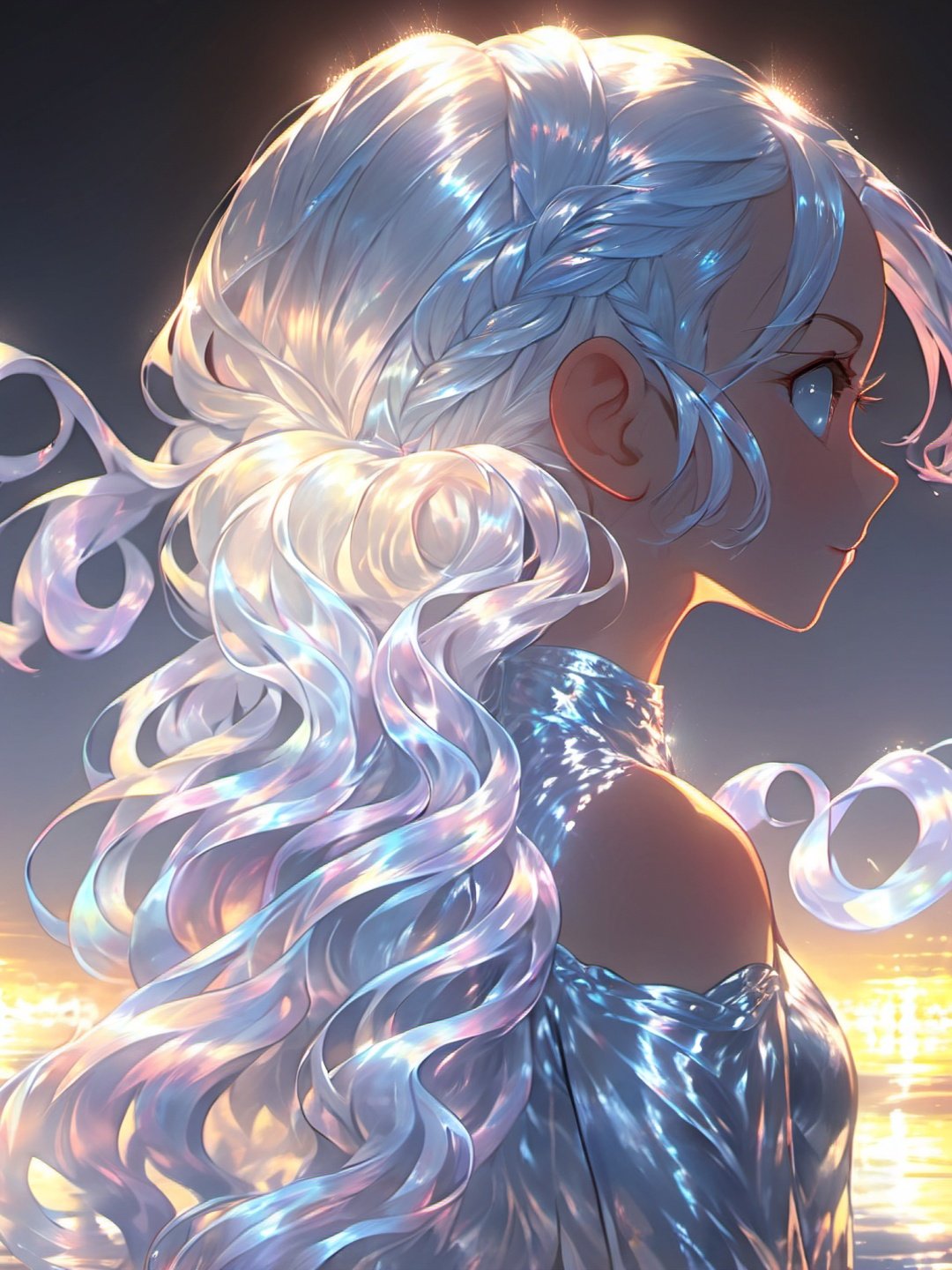 1girl, solo, long hair, upper body, water, braid, profile, white hair, breasts, small breasts, bare shoulders, blue eyes, dress, ponytail, wavy hair, from side, bangs, wet, backlighting