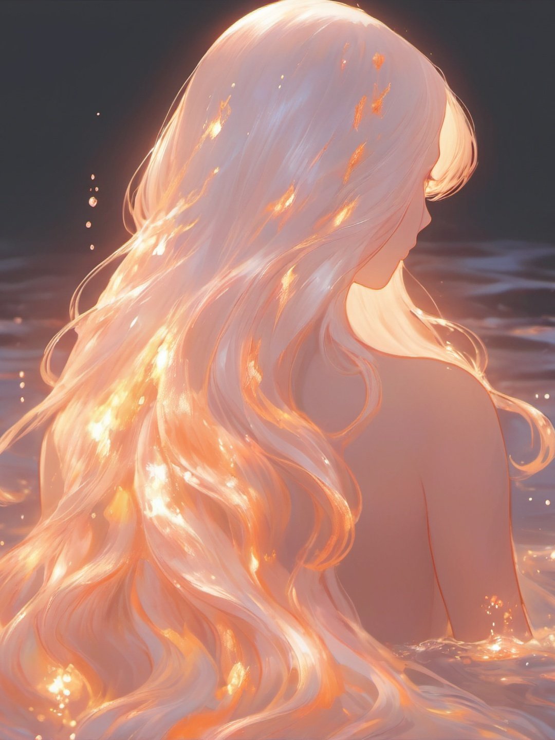 1girl, long hair, solo, profile, water, border, upper body, white hair, bare shoulders, fire, wavy hair, white border, from behind