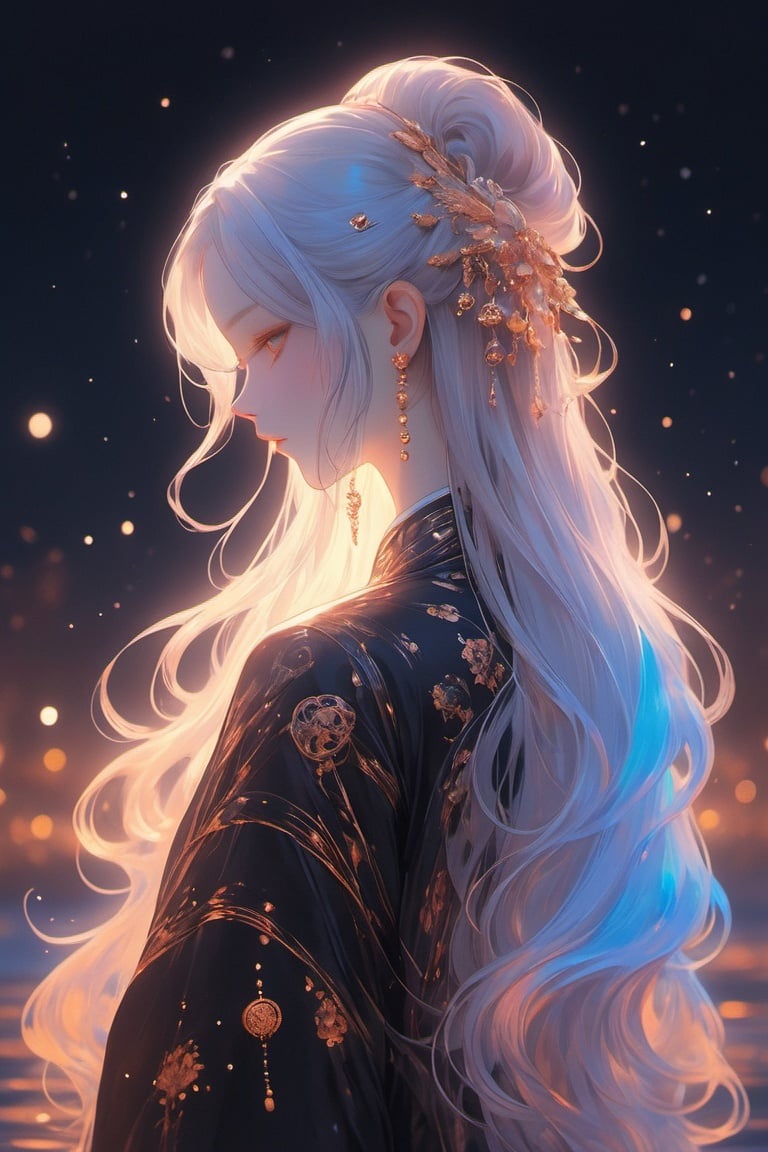 best quality,masterpiece,photo realistic,highly detailed,full body photo,purist,esoteric,occult,girl,Aesthetic Background,Chinese style,Night scene,Colorful portraits,long hair,close-up,hair tucking,nature