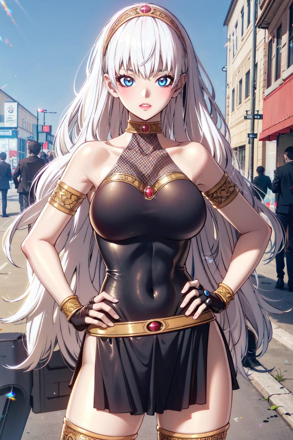 <lora:Copy of hansarang-10:0.7>, hansarang_demon , long hair, solo, white hair, hairband, thighhighs, large breast, blue eyes, armlet, very long hair, gloves, leotard, facing viewer,  skirt, standing , solo focus, hand on hip, ( 1girl , solo )