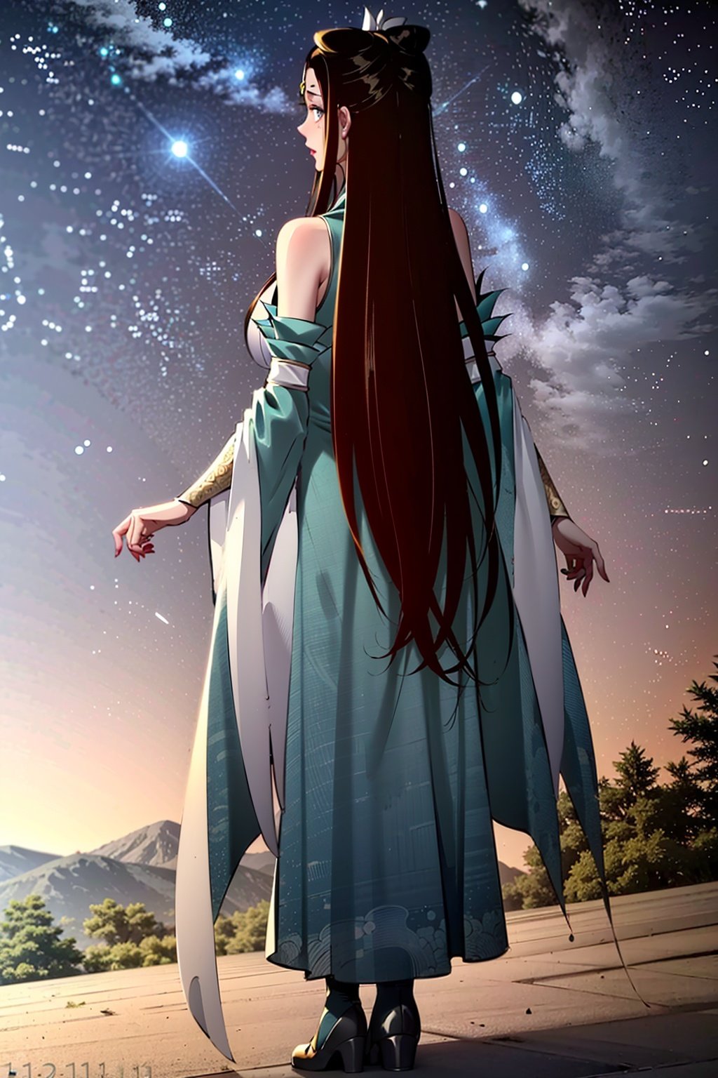 suqingge, 1girl, solo, long hair, black hair, dress, bare shoulders, jewelry, earrings, chinese clothes, cleavage, hair ornament, large breasts, blue eyes, detached sleeves, hanfu,  <lora:Copy of suqingge-10:0.7>, ((  full body, standing:1.1, from behind,   ))( solo focus, scenery, forest, lights, night sky, starry sky, )