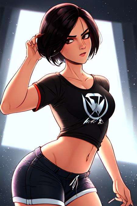 shadmanv1, solo, t-shirt, shorts, thick thighs, small breasts, mature female, volumetric lighting, light particles, upper body, looking at viewer,<lora:Shadman:1> <lora:test_hellocartoon_lora_CONV:0>