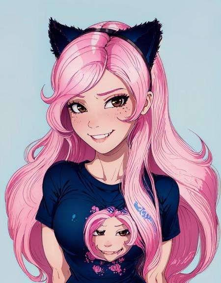 <lora:Shadman:1.3>, shadmanv1, <lora:BelleDelphine:1>, belle delphine, pink hair, upper body, arms behind back, looking at viewer, smug, smirk, simple background, long hair, brown eyes, black cat ears, blue and white t-shirt, 