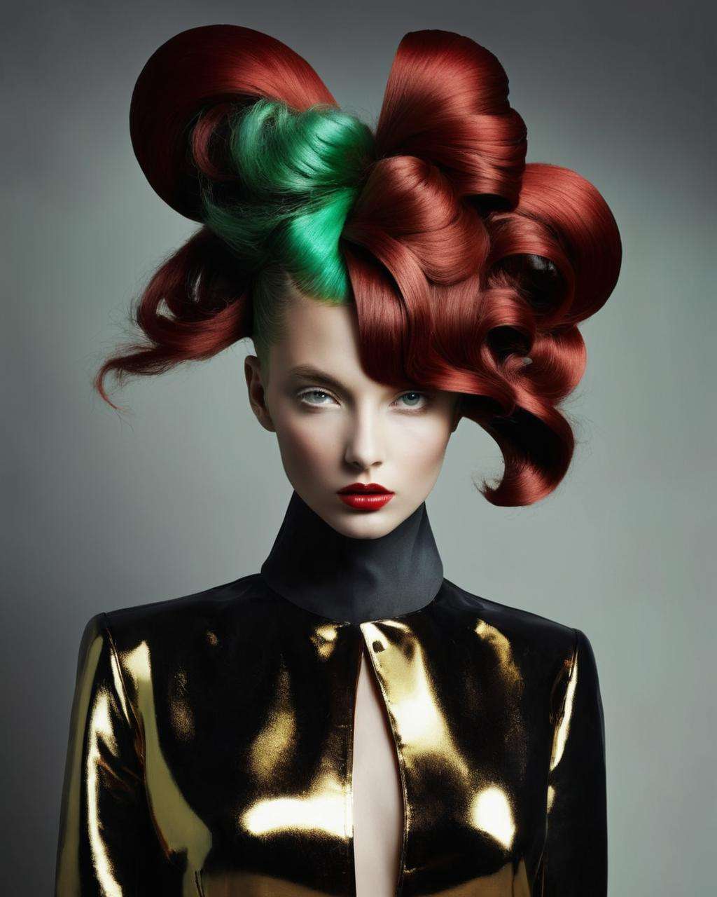 crazy alternate hairstyle, fashion photography, hairstyle inspired by Adrian Ghenie and Metin Bereketli <lora:hair_style:1.0>