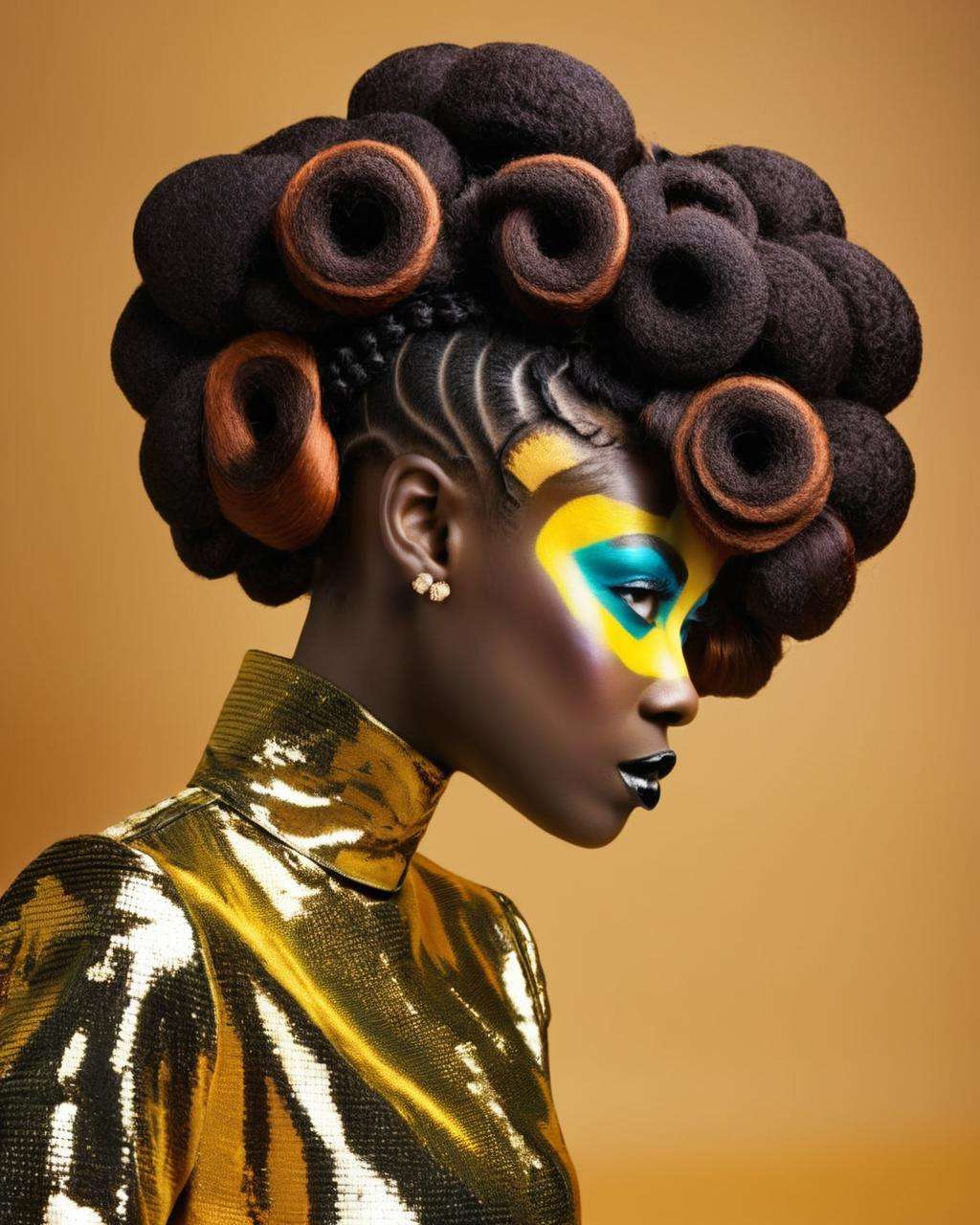 crazy alternate hairstyle, fashion photography, hairstyle inspired by Amoako Boafo and Leigh Brackett <lora:hair_style:1.0>