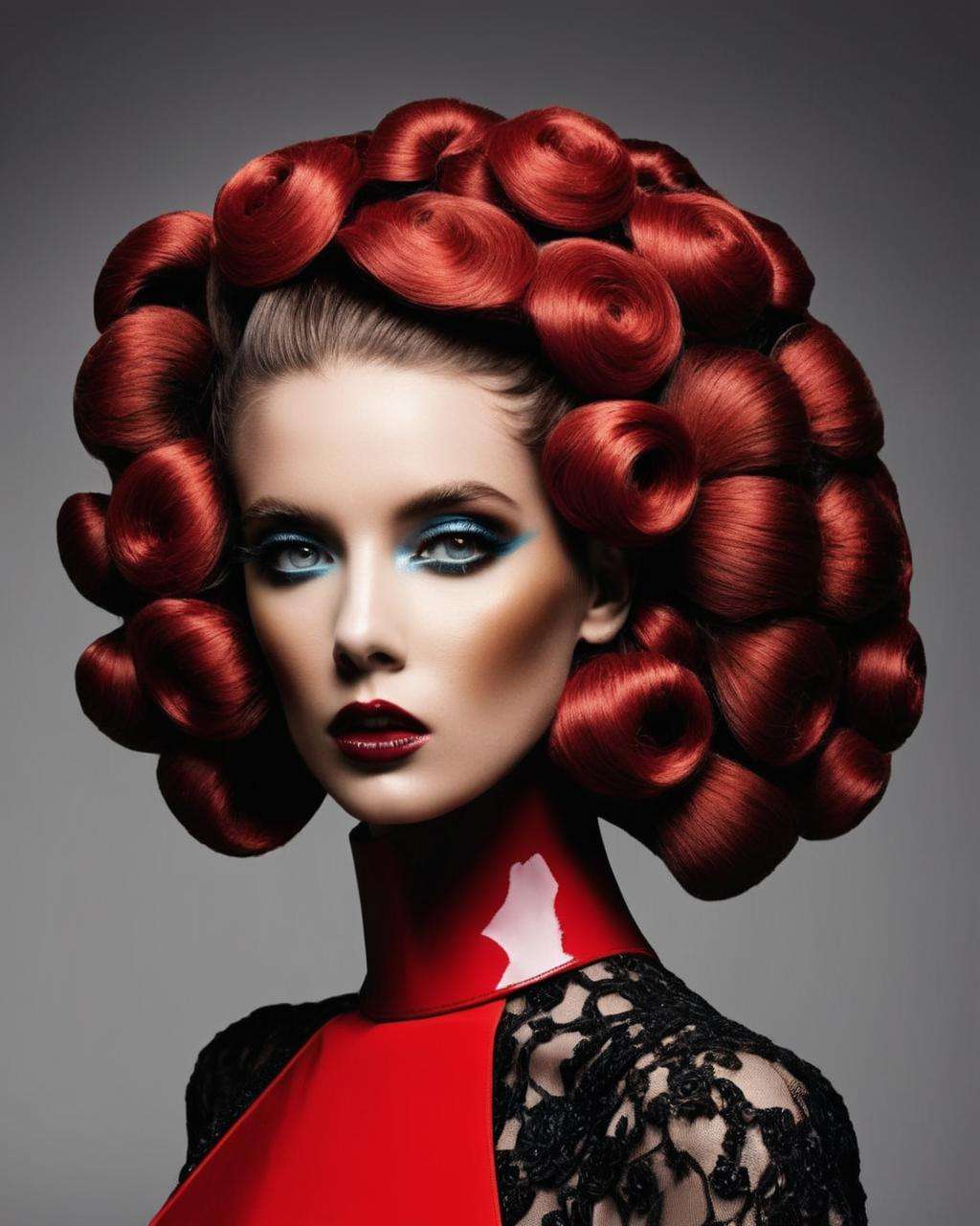 crazy alternate hairstyle, fashion photography, hairstyle inspired by Oscar Murillo and Ridley Scott <lora:hair_style:1.0>