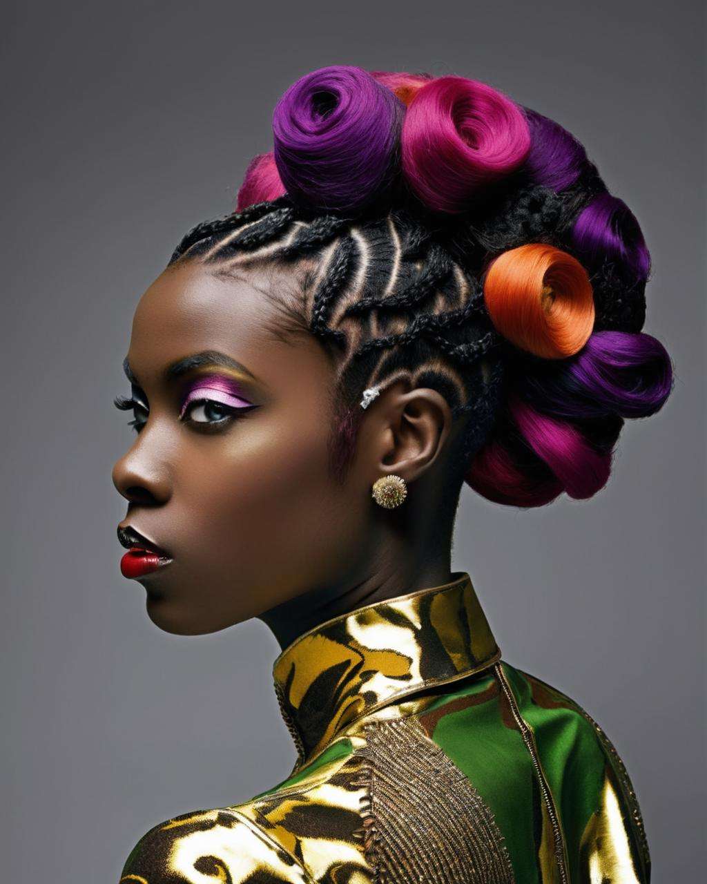 crazy alternate punk hairstyle, fashion photography, hairstyle inspired by Njideka Akunyili Crosby and Edmond Hamilton <lora:hair_style:1.0>