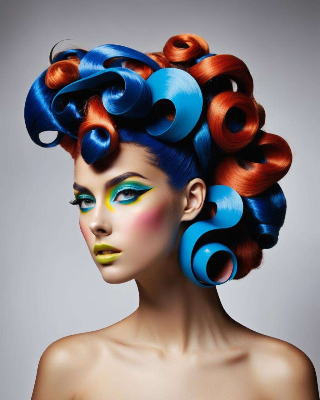 crazy alternate hairstyle, fashion photography, hairstyle inspired by Dana Schutz and Jack Williamson <lora:hair_style:1.0>