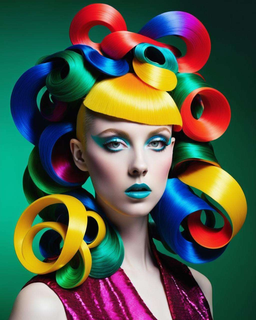 crazy alternate hairstyle, fashion photography, hairstyle inspired by Shara Hughes and Philip K. Dick <lora:hair_style:1.0>