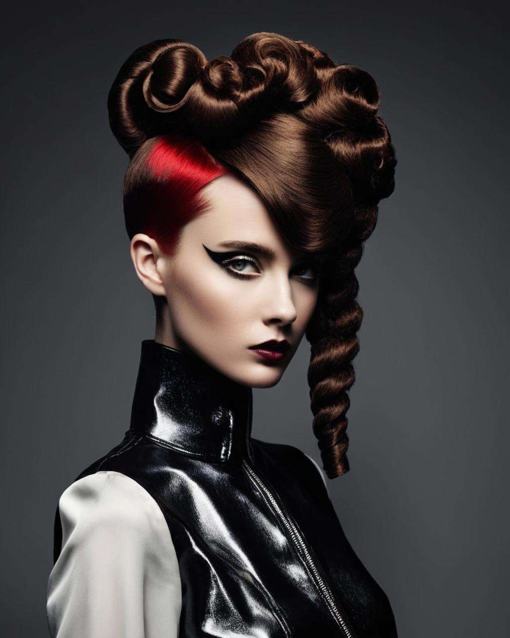 crazy alternate hairstyle, fashion photography, hairstyle inspired by Avery Singer and David Fincher <lora:hair_style:1.0>