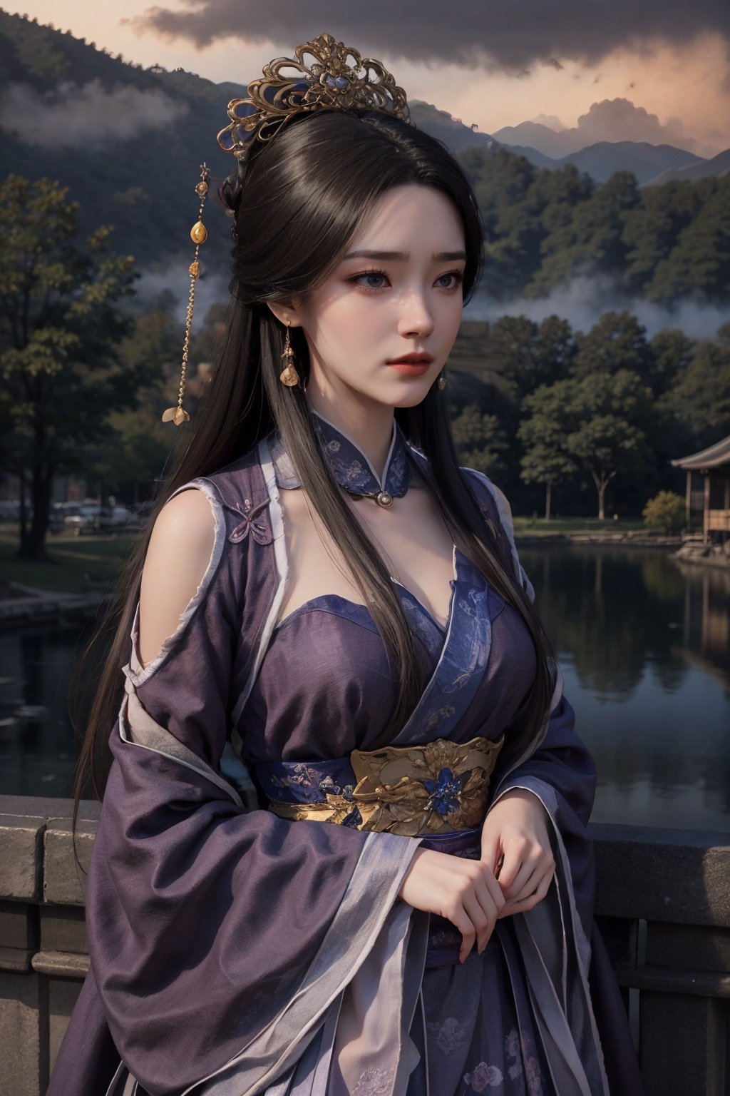 masterpiece,best quality,official art,extremely detailed CG unity 8k wallpaper,1girl,happy,hanfu,upper body, above clouds, nebula, fog,butterfly,  <lora:紫灵妈:0.55>