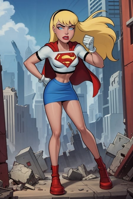masterpiece, best quality, 1girl, supergirl, solo, blonde hair, long hair, hairband, blue eyes, white gloves, red cape, blue skirt, miniskirt, white crop top, makeup, lipstick, navel, destroyed city, ruined city background <lora:Supergirl_DCAU:1>
