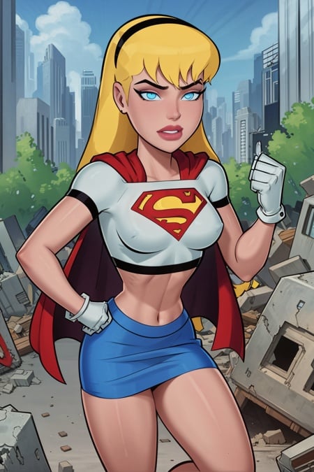 masterpiece, best quality, 1girl, supergirl, solo, blonde hair, long hair, hairband, blue eyes, white gloves, red cape, blue skirt, miniskirt, white crop top, makeup, lipstick, navel, destroyed city, ruined city background <lora:Supergirl_DCAU:1>