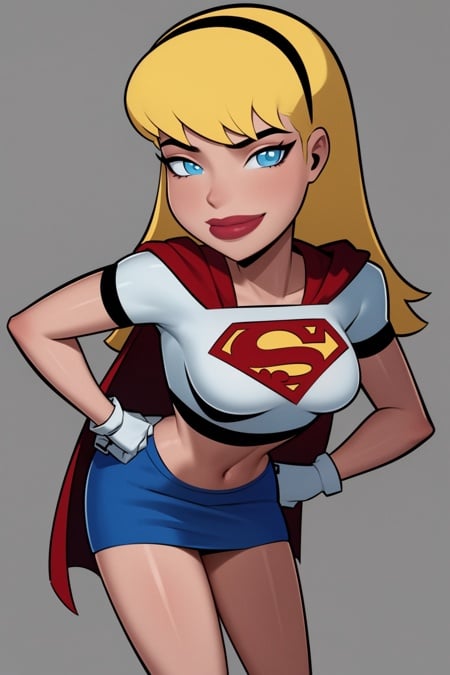 masterpiece, best quality, 1girl, supergirl, blonde hair, long hair, hairband, blue eyes, gloves, red cape, blue miniskirt, white crop top, smile, makeup, lipstick, hands on hips, simple background <lora:Supergirl_DCAU:1>