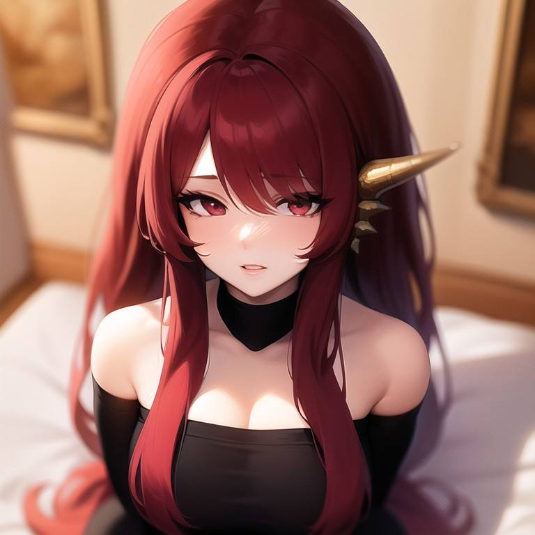 from above, close up on head of (mink_\(dragon_half\)), long large red hair, highly detailed perfect red eyes, light blush, partly open mouth, soft lips, parted lips, dragon horns, bare shoulders, <lora:mink:1>, masterpiece, best quality, looking at the camera, painting