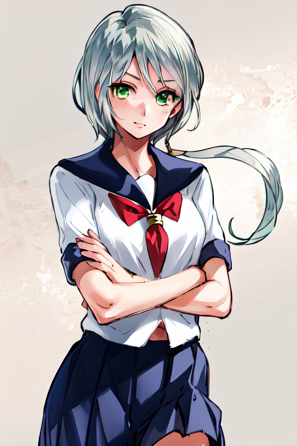 masterpiece, best quality, highres, 1girl, yaten, silver hair, green eyes, short hair, ponytail, school uniform, cowboy shot