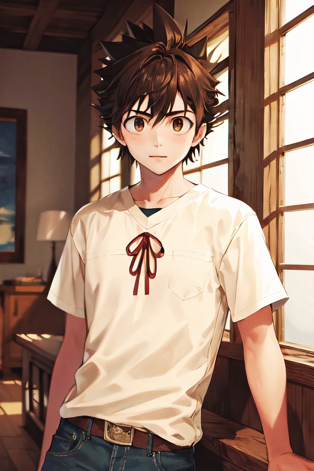 masterpiece, best quality, highres, 1boy, sena, spiked hair, brown hair, brown eyes, cowboy shot 