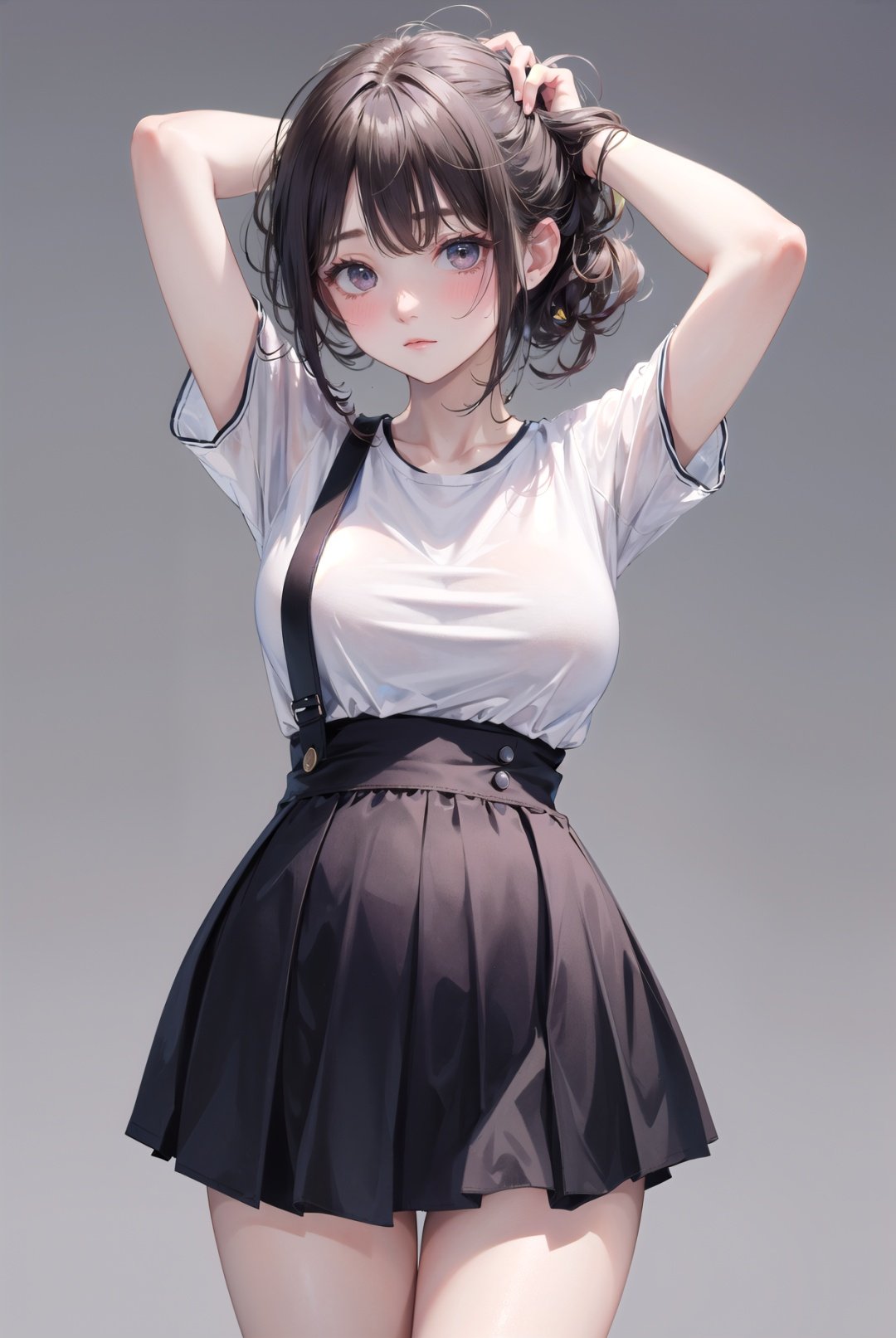 masterpiece, best quality,absurdres,(cowboy shot),1girl,solo,eye reflection,closed mouth,blush,shy,expressive hair,large breasts,narrow waist,(pregnant:0.95),white shirt,(high-waist skirt),short sleeves,pleated skirt,thigh gap,arms behind head,standing,grey background