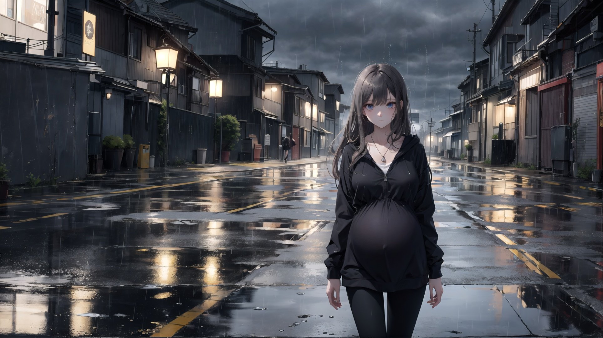 masterpiece, best quality,absurdres,cowboy shot,1girl walking  in alley,girl on the left side of the screen,teenage,solo,eye reflection,expressive hair,long hair,straight hair,messy hair,narrow waist,(pregnant:0.9),<lora:pregnant_v21:0.6:1,0,0,0,0,0,0.2,0,1,1,1,1,0,0,0,0,0>,large breasts,looking up,turning head,grey theme,reflective floor,building,(overcast:1.4),(rain:1.3),(dark:1.4),drop shadow,shadow on body,dark intense shadow