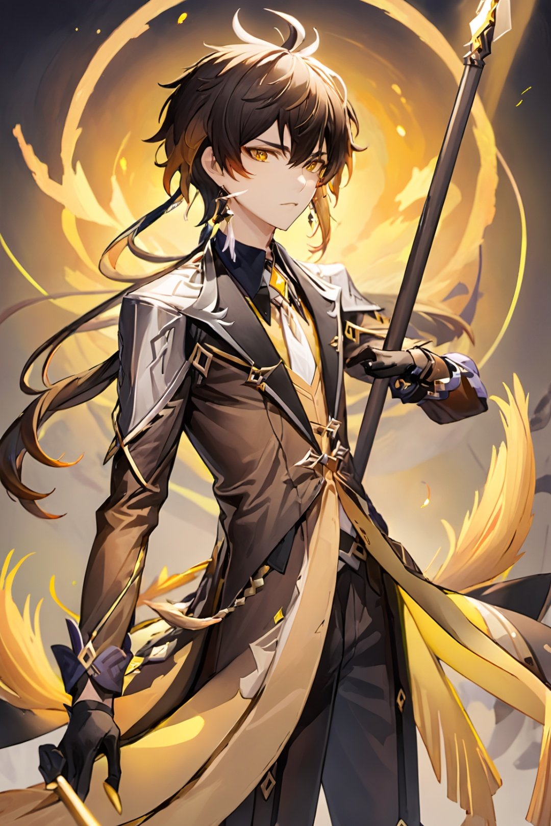 zhongli, 1boy, male focus, solo, zhongli (genshin impact), weapon, long hair, brown hair, jewelry, bangs, hair between eyes, polearm, earrings, single earring, multicolored hair, long sleeves, ponytail, gloves, formal, tassel, closed mouth, jacket, yellow eyes, black gloves, necktie, collared shirt, suit, spear, black hair, tassel earrings, shirt, looking at viewer, gradient hair, holding weapon, holding, eyeliner, holding polearm, simple background, makeup