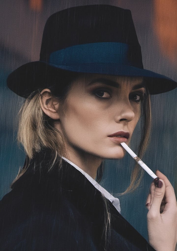 real, a woman, hat, long coat, cigar in mouth, smoking, gangster, underground business, raining, cool, close up shot,90s vibe, clean shot, peaky blinders style, black suit,colored background 
