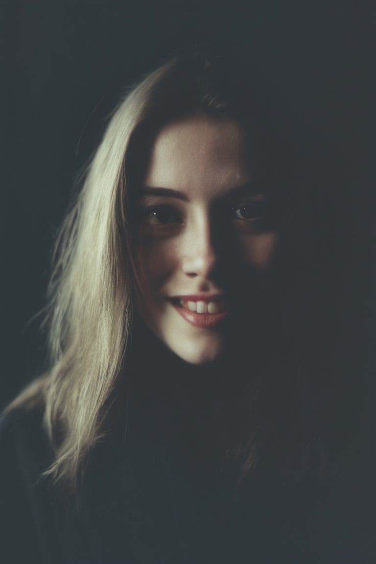 portrait of a woman, polaroid,film, graininess,smile, cold,dark theme,