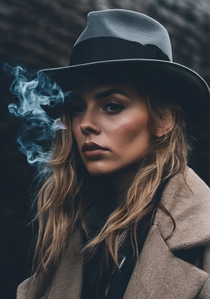 real, a woman, hat, long coat, cigar in mouth, smoking, gangster, underground business, raining, cool, close up shot,90s vibe, clean shot, peaky blinders style, black suit,colored background 
